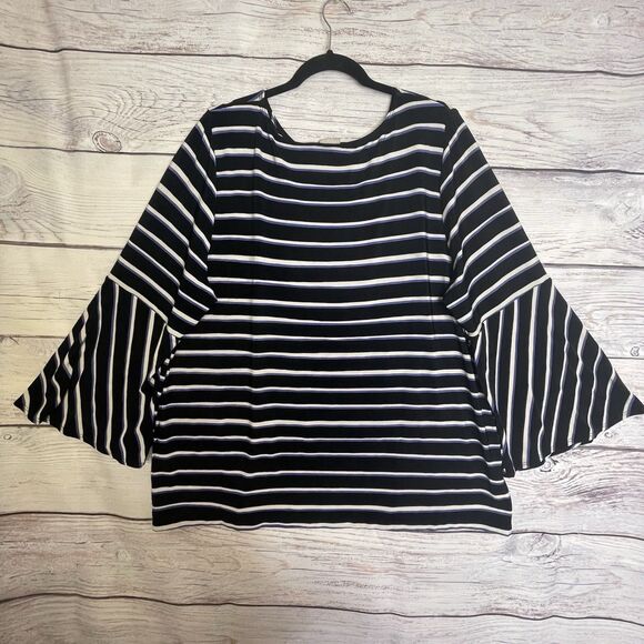 Chico's Travelers Top SZ 4 (20)Black White Striped Slinky Knit Flare Sleeve Boho - Picture 2 of 15